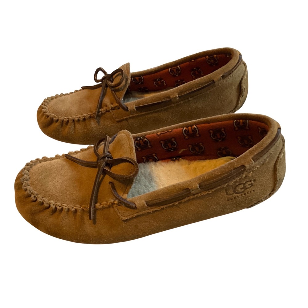 UGG Australia Suede Shearling Lined Moccasin Slippers Tan Women's Size 6